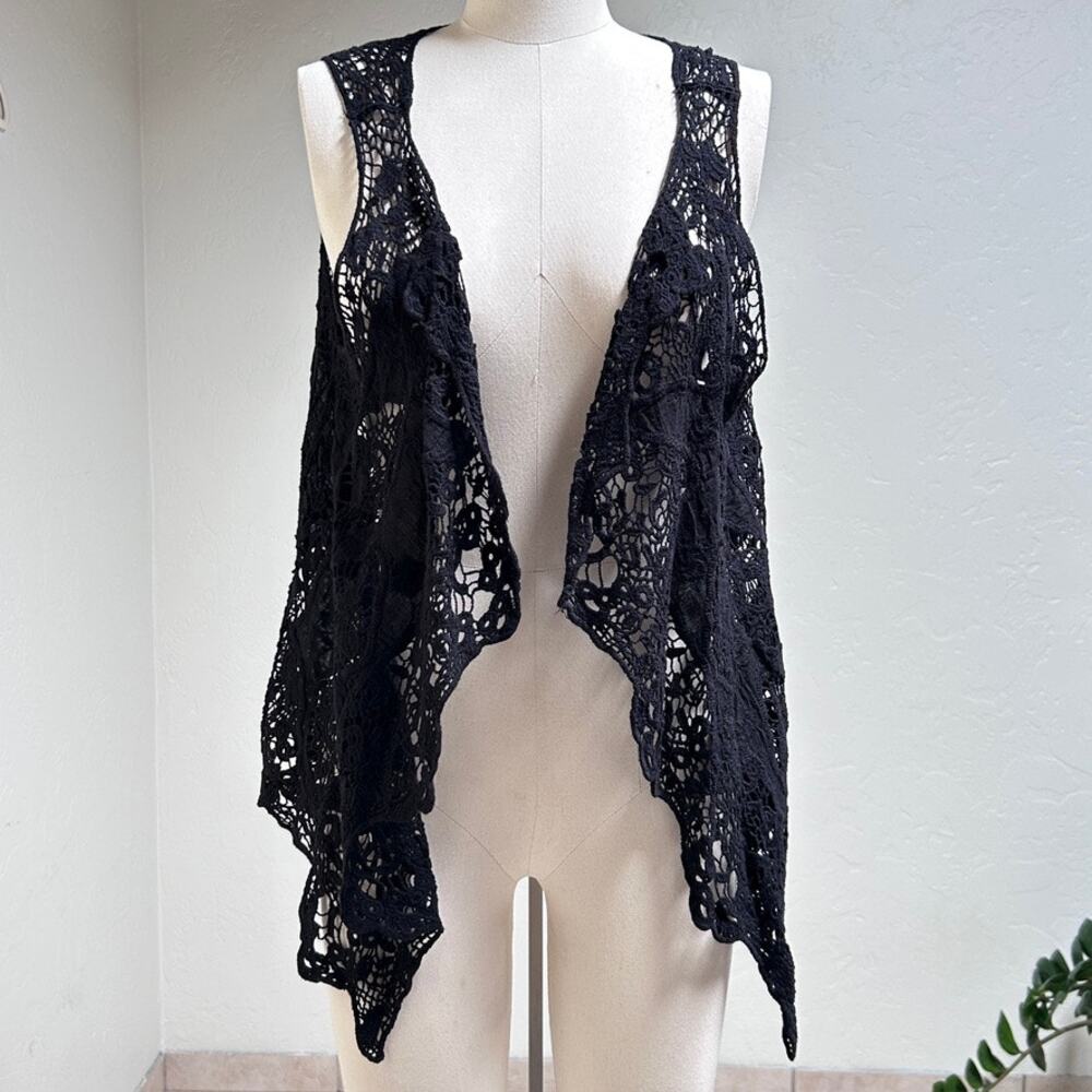 Black Whimsy Crochet Lace Dark Fairy Asymmetrical Vest Top Festival‎ Layer M L